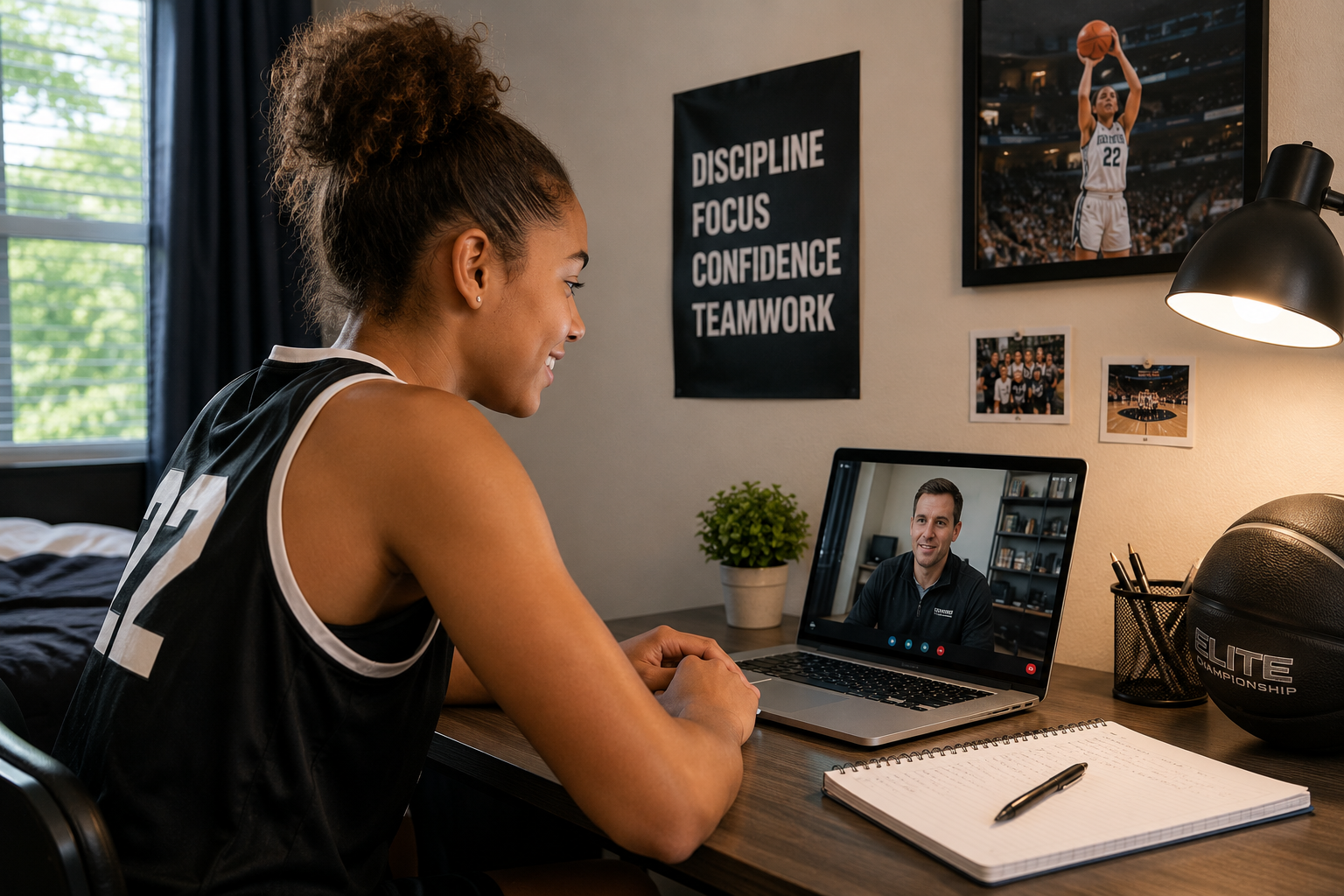 Basketball athlete practicing a recruiting call at a laptop